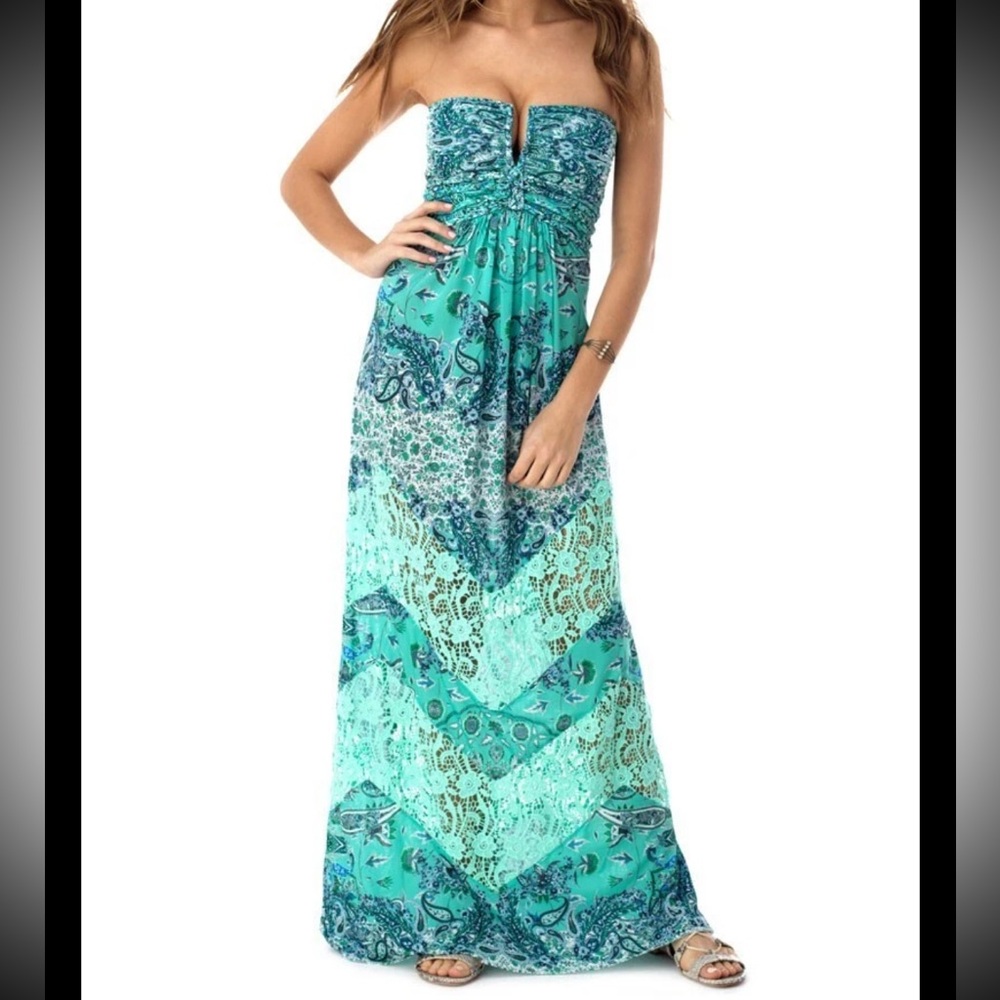 Sky Strapless Turquoise Teal Paisley Maxi Dress